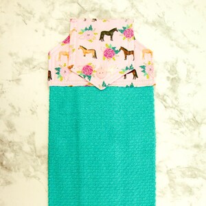 Horse Hanging Kitchen Hand Towel with Cotton Top, Teal Towel, Horse Decor, Kitchen Decor, Gift for Her, Housewarming Gift, Equestrian Gift