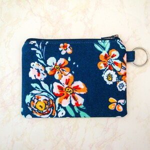 Bolsa de cremallera floral azul, bolsa de monedas, monedero de monedas, regalo para ella, bolsa gris, billetera de tarjeta de crédito pequeña, llavero de titular de tarjeta de regalo, regalo para adolescentes