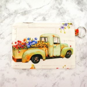 Vintage Flower Truck pequeña bolsa de cremallera, bolsa de monedas, monedero de monedas, bolsa linda, regalo para ella, billetera pequeña, titular de la tarjeta de regalo, llavero