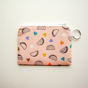 Taco Love Zipper Pouch, Coin Purse, Gift for Her, Pink Heart Pouch, Cute Small Credit Card Wallet, Gift Card Holder, Key Ring