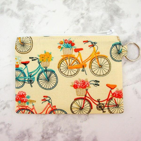 Small Zipper Pouch, Coin Pouch, Coin Purse, Cute Pouch, Gift for Her, Bicycle Pouch, Small Credit Card Wallet, Gift Card Holder, Key Ring