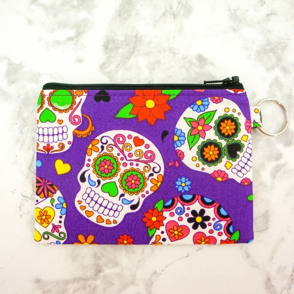 Sugar Skull Zipper Pouch, Colorful Coin Purse, Day of the Dead, Gift for Her, Small Credit Card Wallet, Halloween Gift Card Holder Key Ring