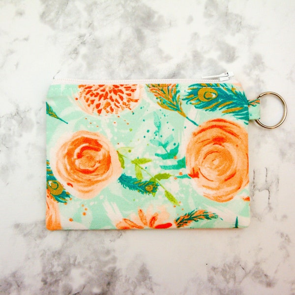 Teal and Peach Floral Zipper Pouch, Coin Pouch, Coin Purse, Gift for Her, Small Credit Card Wallet, Gift Card Holder, Key Ring