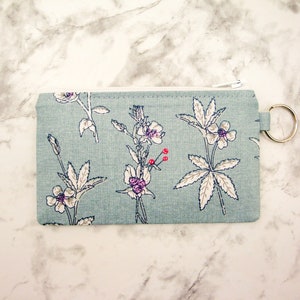 Bolsa de cremallera floral, bolsa de monedas gris, monedero de monedas, regalo para ella, billetera de tarjeta de crédito pequeña, llavero del titular de la tarjeta de regalo