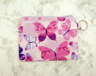 Purple Butterfly Zipper Pouch, Small Coin Pouch, Coin Purse, Cute Pouch, Gift for Her, Small Credit Card Wallet, Gift Card Holder, Key Ring