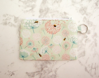Floral Bumble Bee Zipper Pouch,  Cute Honeybee Small Coin Pouch, Mint Green Coin Purse, Gift for Her, Gift Card Holder Key Ring, Teen Gift
