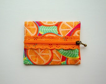 Small Oranges Lace Zipper Pouch, Coin Purse, Cute Gift for Her, Yellow and Pink Pouch, Small Wallet, Stocking Stuffer, Gift Card Holder