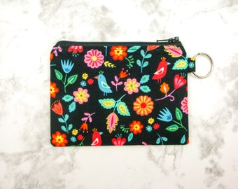 Black and Pink Floral Small Zipper Pouch, Coin Pouch, Coin Purse, Cute Pouch, Gift for Her, Small Wallet, Gift Card Holder, Key Ring