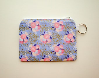 Pink and Blue Floral Zipper Pouch, Coin Pouch, Coin Purse, Gift for Her, Floral Pouch, Small Credit Card Wallet, Gift Card Holder, Key Ring