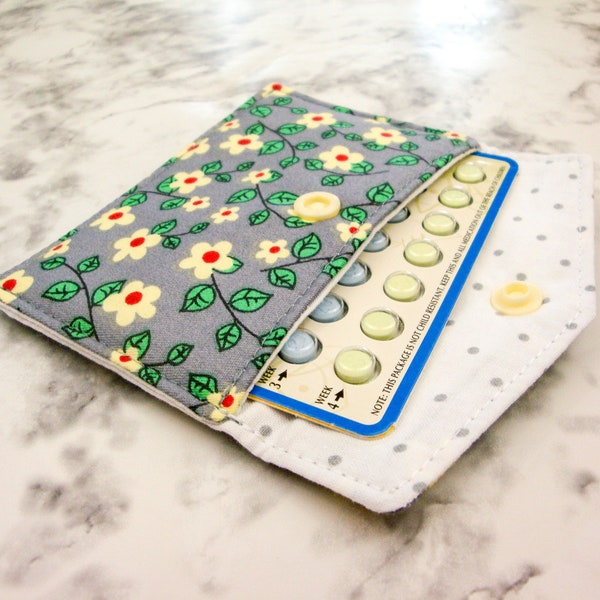 Floral Mini Wallet, Reusable Gift Card Holder, Cute Padded Birth Control Pill Sleeve, Gift for Her, Business Card Case