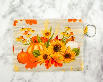 Fall Floral Zipper Pouch, Autumn Coin Pouch, Pumpkin Coin Purse, Gift for Her, Small Credit Card Wallet, Halloween Gift Card Holder Key Ring