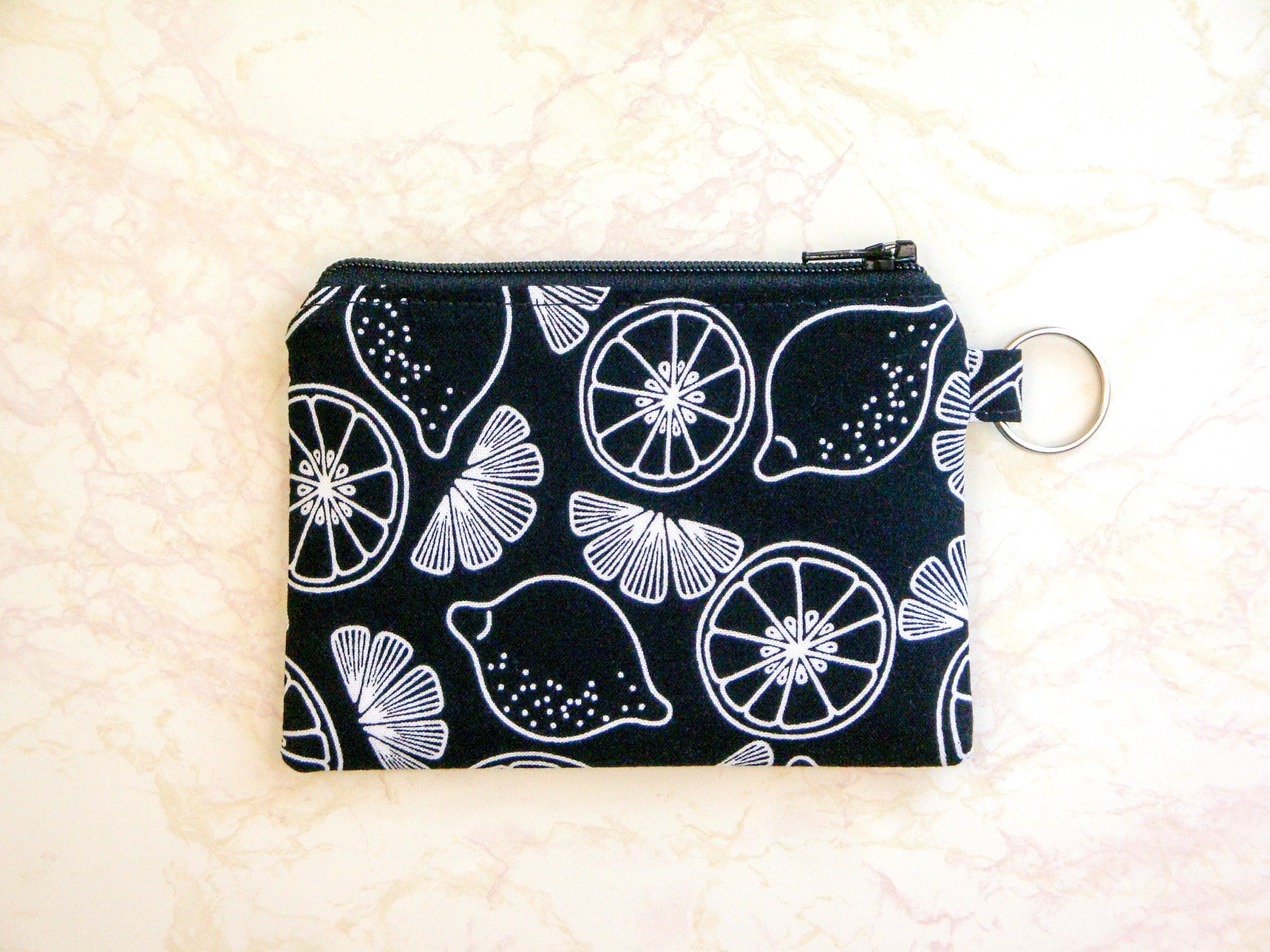 Small Lemons Zipper Pouch, Black and White Coin Pouch, Coin