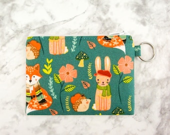 Fall Zipper Pouch, Woodland Coin Pouch, Coin Purse, Gift for Her, Small Credit Card Wallet, Halloween Gift Card Holder Key Ring