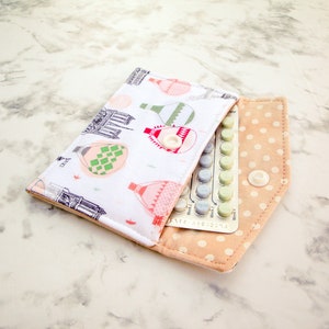 Hot Air Balloons and Paris Mini Wallet, Reusable Gift Card Holder, Business Card Case, Birth Control Pill Sleeve, Keyring Snap Pouch for Her