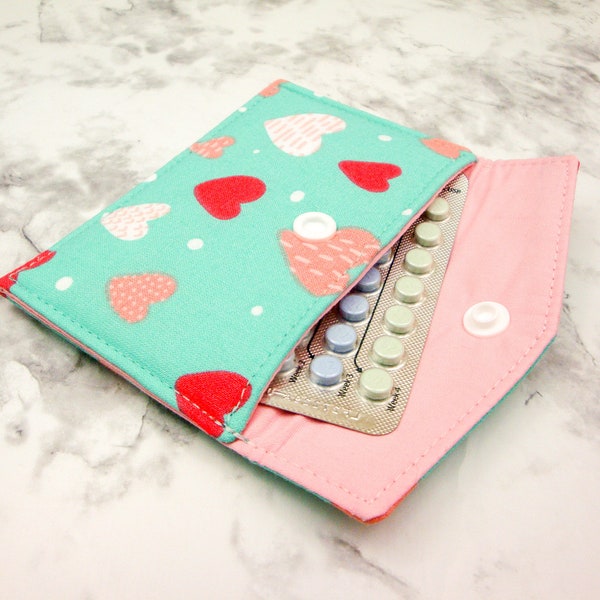 Turquoise and Pink Hearts Mini Wallet, Reusable Gift Card Holder, Business Card Case, Birth Control Sleeve, Small Snap Wallet, Gift for Her