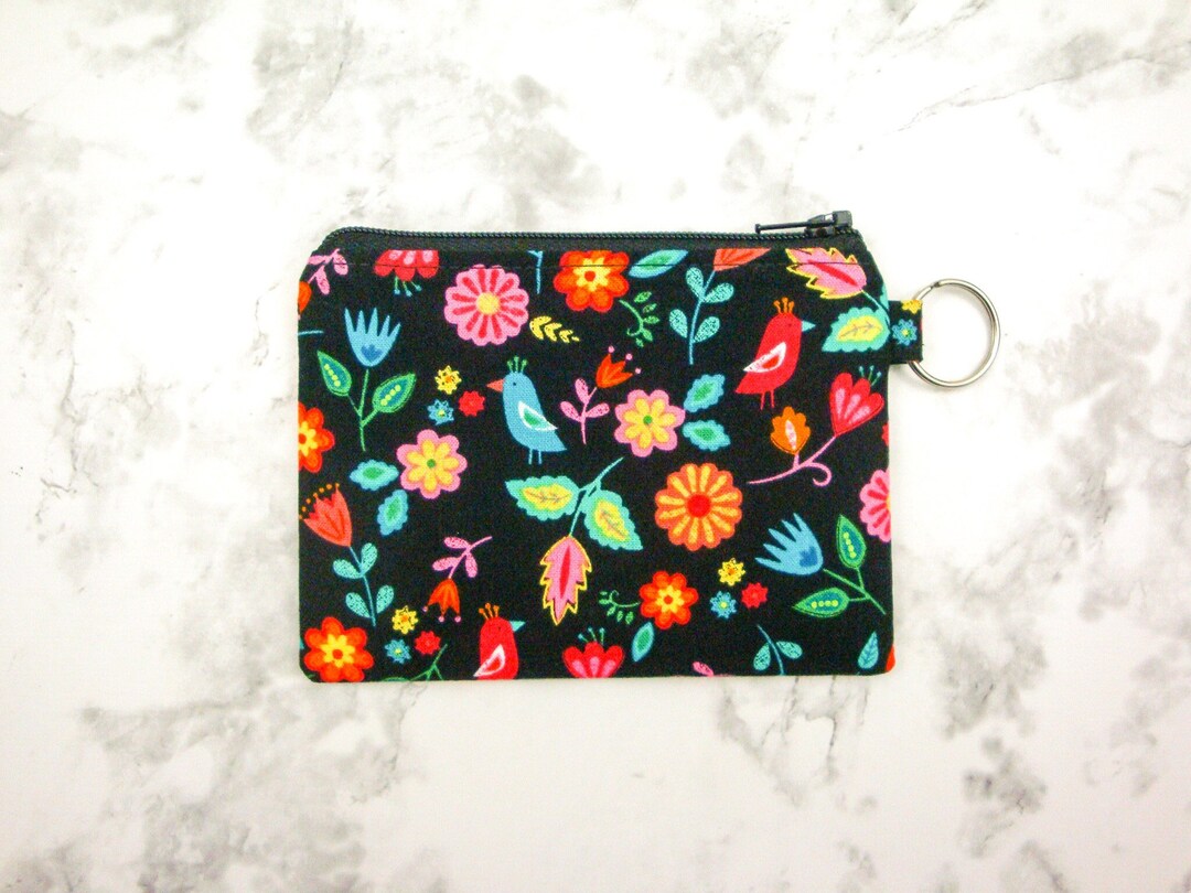 Pink Mini Pouch Black and Pink Floral Small Zipper Pouch, Coin Pouch, Coin Purse, Cute ...