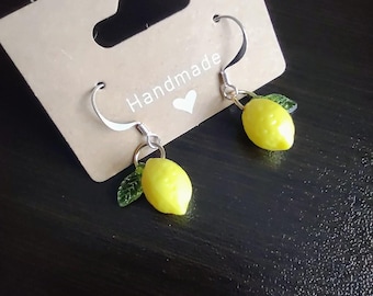 3D Lemon Earrings: Resin Fruit Charms with Silver Wire