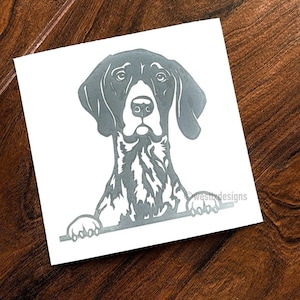 May include: A silver-colored vinyl sticker of a German Shorthaired Pointer dog looking over a surface. The dog's head and ears are black, and the rest of the dog is white with black spots.