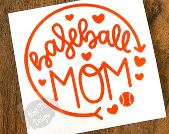 May include: Orange vinyl decal with the text "baseball mom" in a circle with hearts and a baseball graphic.
