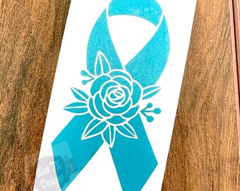 Cancer Ribbon | Ovarian Cancer | PCOS | Anxiety Disorders | PTSD | Floral Ribbon | Awareness Decal | Teal Ribbon | Vinyl Sticker | Car Decal