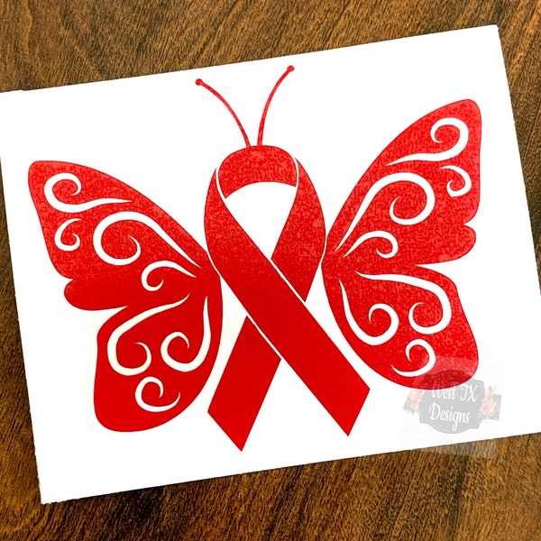 Butterfly Red Ribbon Awareness | Heart Health | Heart Disease | Congenital Heart Failure | HIV AIDS | Addiction | Vinyl Decal | Car Decal