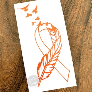 Cancer Ribbon | Leukemia Cancer | Multiple Sclerosis | Kidney Cancer | Feather Ribbon | Awareness Decal | Orange | Vinyl Sticker | Car Decal