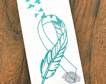 Cancer Ribbon | Ovarian Cancer | PCOS | Anxiety Disorders | PTSD | Feather Ribbon | Awareness Decal | Teal | Vinyl Sticker | Car Decal