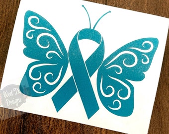 Butterfly Teal Ribbon Awareness | Ovarian Cancer | Polycystic Ovary Syndrome  | Anxiety Disorders | PTSD | Vinyl Decal | Car Decal