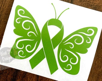 Butterfly Lime Green Ribbon Awareness | Lyme Disease | Non Hodgkins Lymphoma | Depression | Muscular Dystrophy | Vinyl Decal | Car Decal