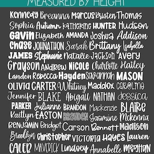 May include: A display of personalized name decals featuring various white typography styles on a dark gray background. The text at the top reads PERSONALIZED NAME DECALS MEASURED BY HEIGHT and the bottom text reads 70 FONTS + 45 COLORS TO CHOOSE FROM.
