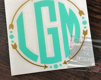 May include: A white vinyl sticker with a turquoise monogram in a circle with gold arrows and dots around the circle. The text "WEST TX DESIGNS" is visible in the background.
