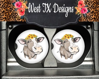 Cow Car Coasters | Set of 2 Car Coasters | Sunflower Cow Car Coasters | Sandstone Coasters | Rubber Coasters | Car Accessories | Car Decor