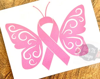 Butterfly Pink Ribbon Awareness | Breast Cancer Awareness | Women's Health | Survivor | Hope | Vinyl Decal | Car Decal | Decal for Women