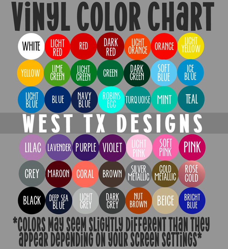 Puede incluir: Una carta de colores para vinilo con una variedad de colores, incluyendo blanco, rojo, verde, azul, morado, rosa, gris, negro y marr&oacute;n. La carta est&aacute; etiquetada como "Vinyl Color Chart" y "West TX Designs".