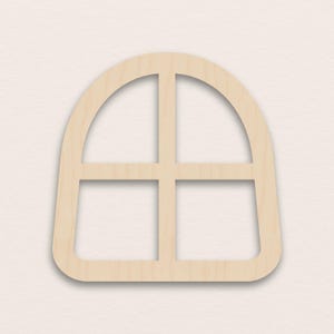 Könnte beinhalten: Ein hölzerner, bogenförmiger Fensterrahmen mit einem Gittermuster. Der Rahmen besteht aus hellfarbenem Holz und hat abgerundete Ecken. Das Design hat einen oberen Bogen und eine rechteckige Basis.