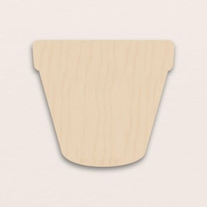 Può includere: Sagoma di vaso di fiori in legno color beige chiaro. Il vaso ha un fondo arrotondato e una parte superiore svasata con un piccolo bordo. La venatura del legno è visibile, aggiungendo consistenza al design semplice. Ideale per progetti fai-da-te.