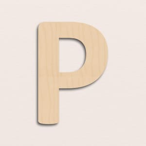 May include: A wooden letter "P" in a light tan color. The letter is cut out with rounded edges and a shadow effect, creating a three-dimensional appearance. The background is a plain, off-white color.