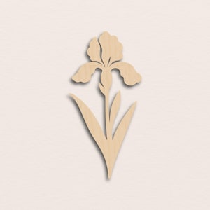 Peut inclure: Découpe de fleur d'iris en bois. La fleur a trois grands pétales et trois petits pétales, avec une tige et deux feuilles. La découpe est brun clair et a une ombre, ce qui lui donne une apparence en trois dimensions. Le fond est de couleur beige clair.