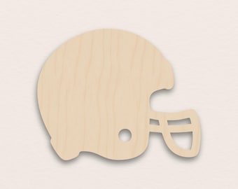 Puede incluir: Recorte de madera en forma de casco de fútbol americano, de color madera clara. El casco tiene una forma redondeada con una máscara facial y un agujero circular en el lateral. Ideal para manualidades o decoración.