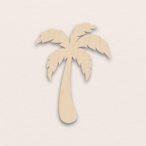 May include: A wooden palm tree cutout in a light tan hue. The tree features a curved trunk and detailed fronds at the top. This cutout is likely for crafting or decorative use, suggesting a tropical theme.