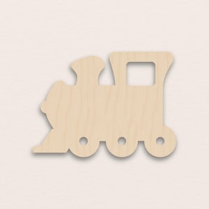 May include: A light brown wooden train cutout. The train has a traditional design, including a smokestack, a window, and three wheels. Ideal for craft projects and decorative purposes.
