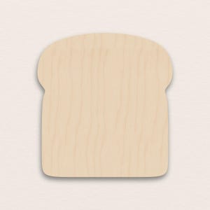 Op de afbeelding: Een houten uitsparing in de vorm van een sneetje brood. De lichtgeleurde houtnerf is zichtbaar over het oppervlak. De broodsnede heeft een afgeronde bovenkant en een rechthoekige basis, met een lichte schaduw.