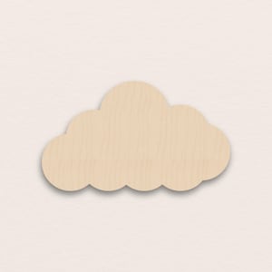 May include: A wooden cloud-shaped cutout in a light brown hue, featuring a smooth surface. The cloud has a rounded form with several lobes, set against a neutral backdrop. Ideal for crafts and DIY projects, this item is a versatile decorative element.