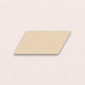May include: A light-colored, wooden parallelogram shape with a natural wood grain. The geometric form is set against a neutral background, creating a clean and simple aesthetic. The wood appears to be unfinished.