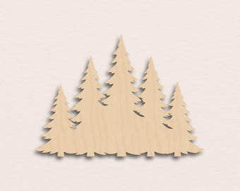 May include: A wooden cutout of a forest scene featuring five stylized evergreen trees. The trees are light brown with detailed branches and a textured appearance. The cutout is set against a neutral background, creating a natural, rustic aesthetic.