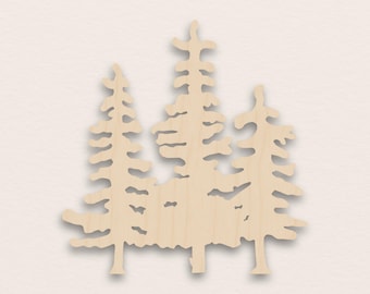 May include: A wooden cutout featuring a cluster of three stylized evergreen trees. The trees are light brown with detailed cutouts representing branches and foliage. The design is set against a neutral background, creating a natural, rustic aesthetic.