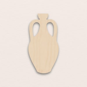 May include: A wooden vase cutout in a light tan color. The vase has two handles and a narrow neck. The cutout is smooth and appears to be made of unfinished wood, ready for painting or staining. The background is a light beige.