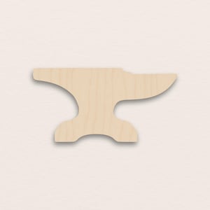 Puede incluir: Recorte de yunque de madera, con forma de yunque clásico con parte superior plana, lados curvos y base. La madera es de color claro y natural, sobre un fondo neutro. Ideal para proyectos de manualidades o decoración.