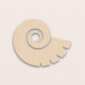 May include: A light-coloured wooden cutout shaped like a spiral with a segmented tail. The spiral design starts tightly wound at the centre and expands outwards. The tail has three distinct, angled segments. The cutout is set against a neutral background.