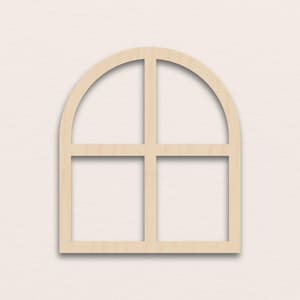 May include: A wooden arched window frame with a grid pattern. The frame is made of light-colored wood and has a simple, clean design. The window is divided into four sections by vertical and horizontal beams, creating a classic window shape.